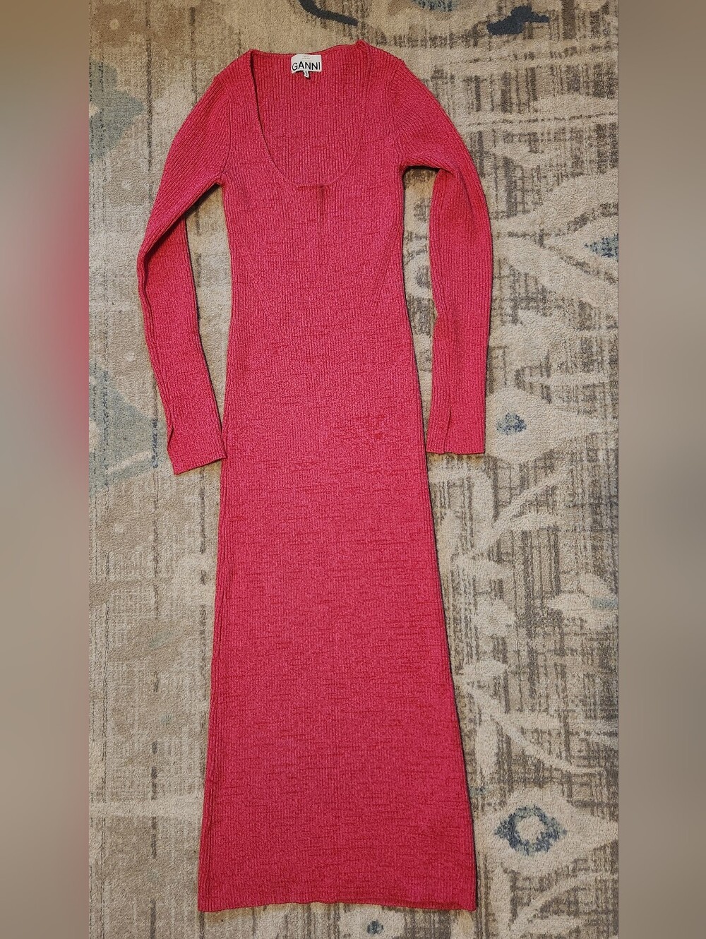 GANNI Melange Ribbed-Knit Midi Dress. Pink. Size XS. Like New